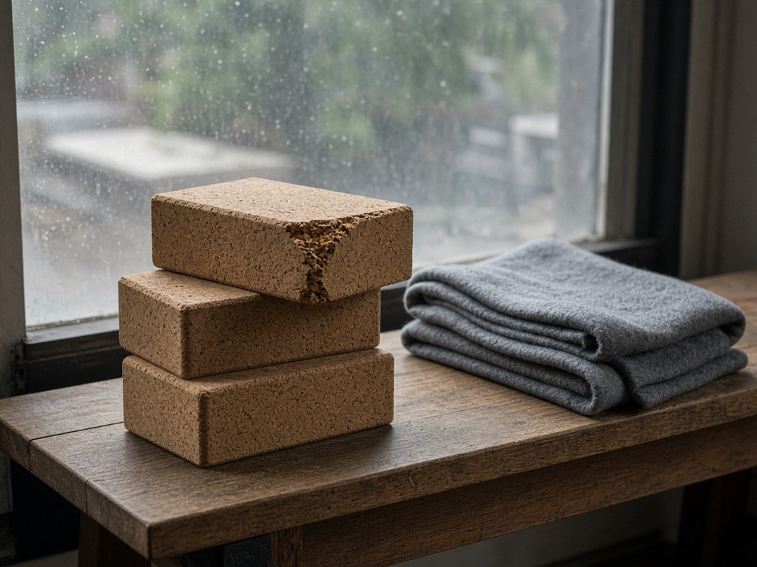 Three cork blocks on a bench, the top one chipped at the corner