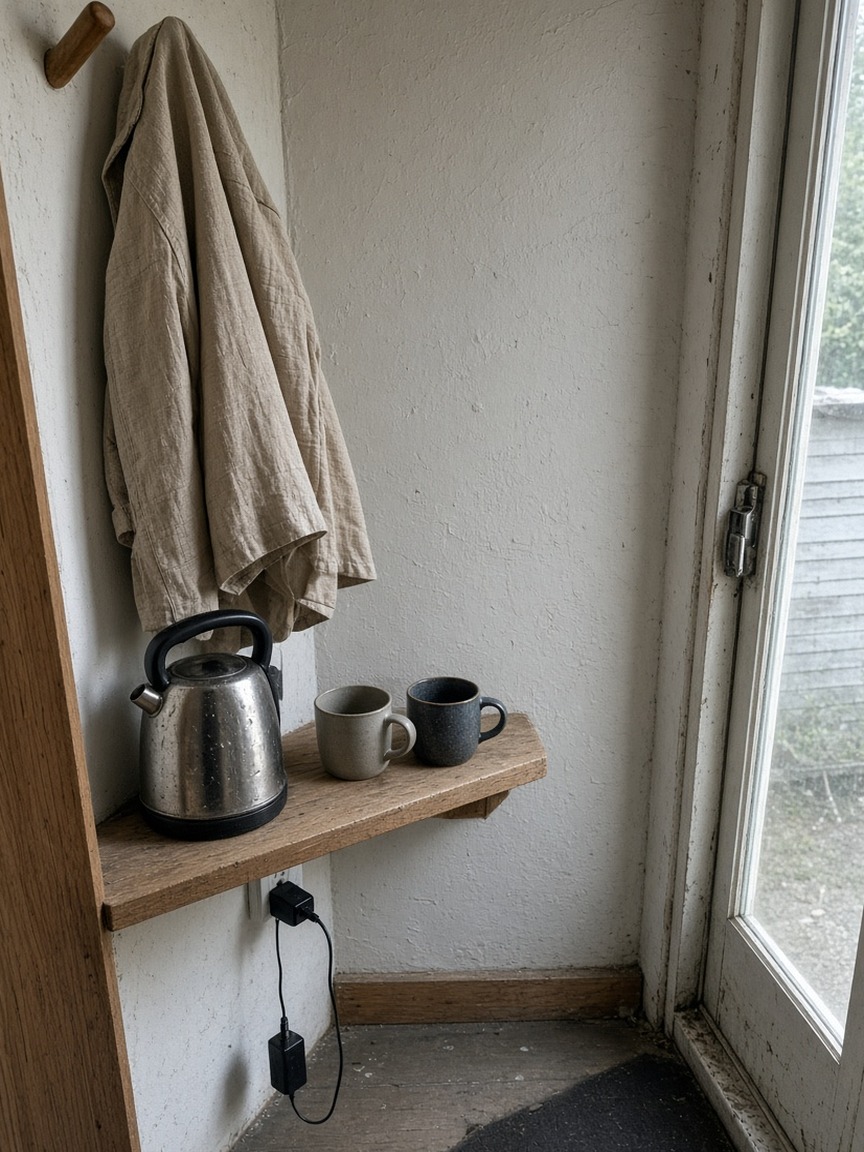 Electric kettle and two mugs on a corner shelf beside a linen jacket