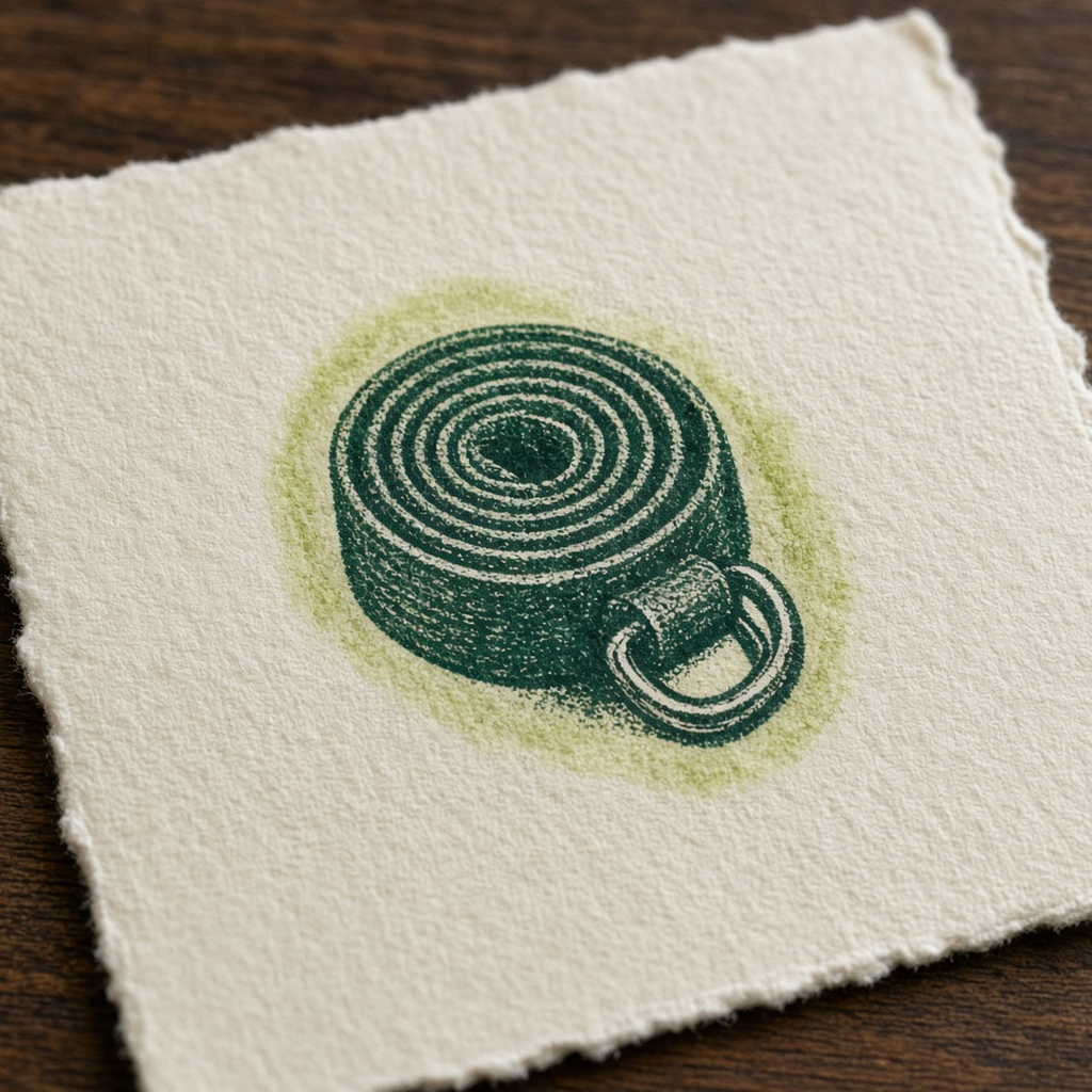 Letterpress print of a rolled cotton strap with a D-ring