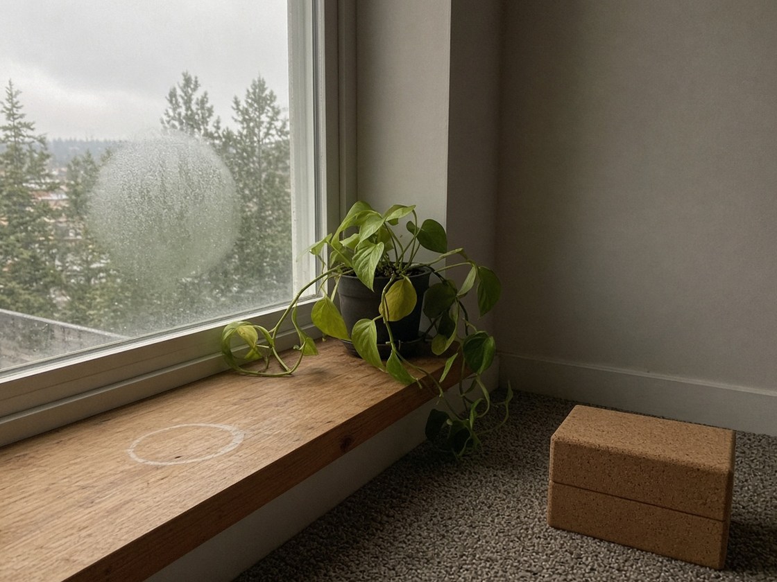 Pothos on a timber sill with a water ring and condensation on the glass