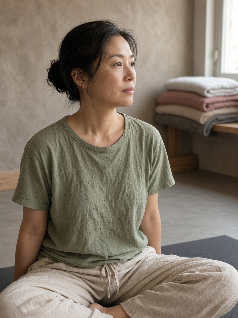 Tutor sitting on a mat, looking aside, linen trousers and a sage top