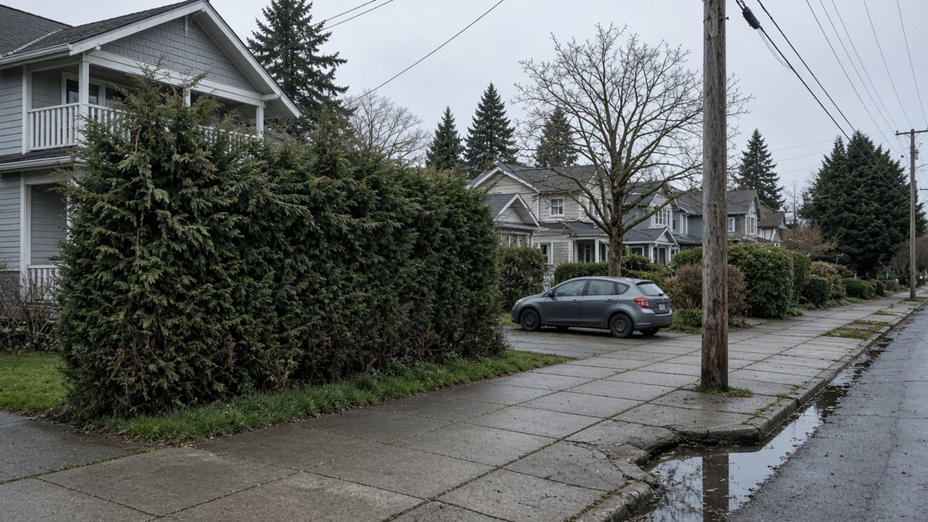 Wet sidewalk and houses on William Street in Burnaby after rain
